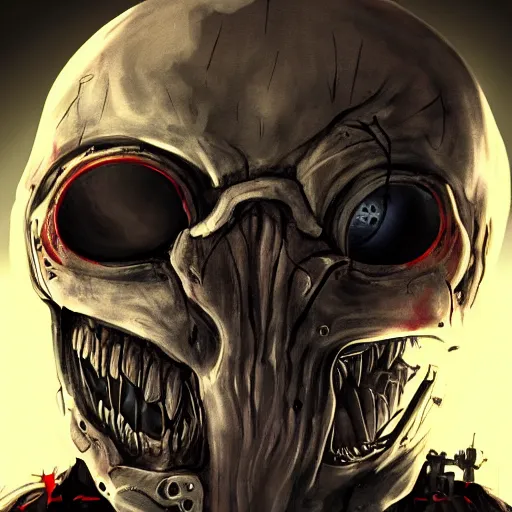 Image similar to pixiv, gruesome, sci - fi, polychaeta, undead cyborg head, doom, newt, red, white