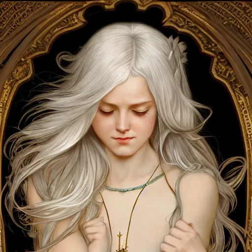 Prompt: goddess, white hair, long hair, praying, folding hands, artstation, highly detailed, georgeus, light background, by artgerm and alphonse mucha and gaston mussiere