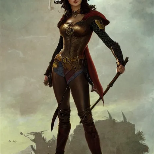 Image similar to highly detailed steampunk gal gadot standing, cape, staff : leonardo da vinci, greg rutkowski, magali villeneuve