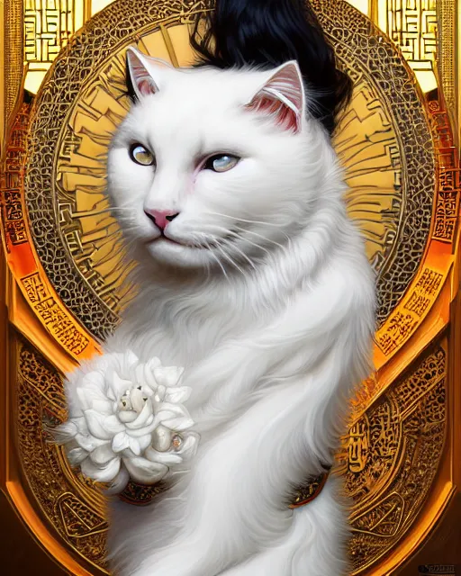 Prompt: portrait of a fluffy white cat cyberpunk machine, machine face, robed, upper half portrait, decorated with chinese opera motifs regal asian machine robot cyberpunk fine china, wuxia, traditional chinese art intricate intense elegant highly detailed digital painting artstation concept art smooth sharp focus illustration, art by artgerm and greg rutkowski alphonse mucha 8 k