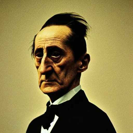 Image similar to a close - up pensive portrait of marcel duchamp in the style of hito steyerl and shinya tsukamoto and irving penn