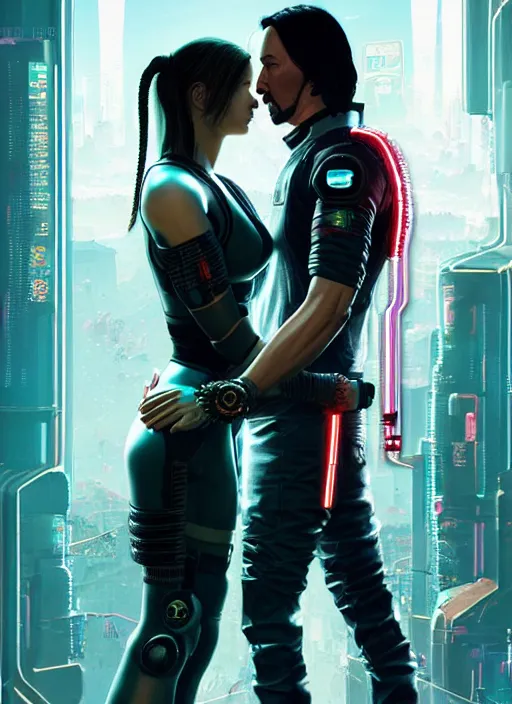 Image similar to a highly detailed photorealistic cyberpunk 2077 couple portrait of a Keanu Reeves as johnny silverhand and a female android in final kiss with lots of electric cable behind them connected to giant computer,couple pose,love,fantasy, intricate, elegant,by Alex Horley and Greg Rutkowski,artstation,deviantart,FAN ART,Unreal Engine,Digital painting,face enhance,8K,golden ratio,cinematic lighting