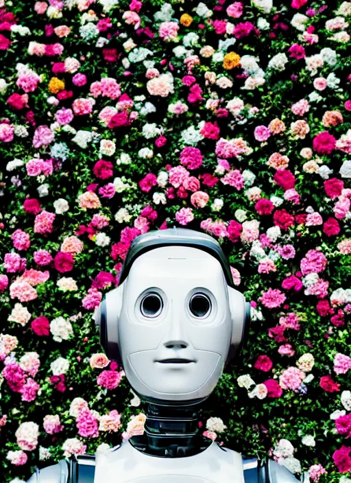 Image similar to a portrait photograph of a robot head in front of a wall of flowers designed by Balenciaga, 35mm, pentax, studio