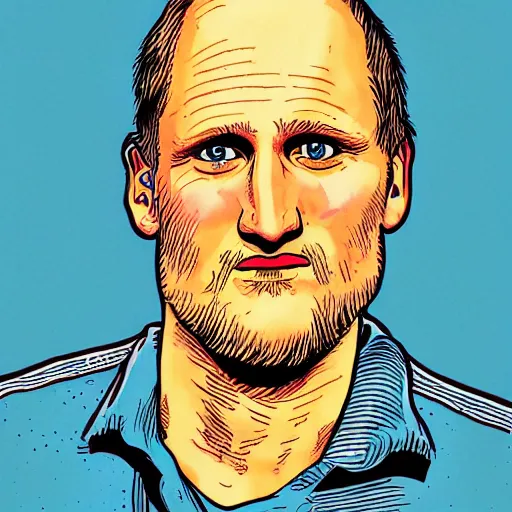 Image similar to a portrait illustration of Woody Harrelson drawn by ROBERT CRUMB