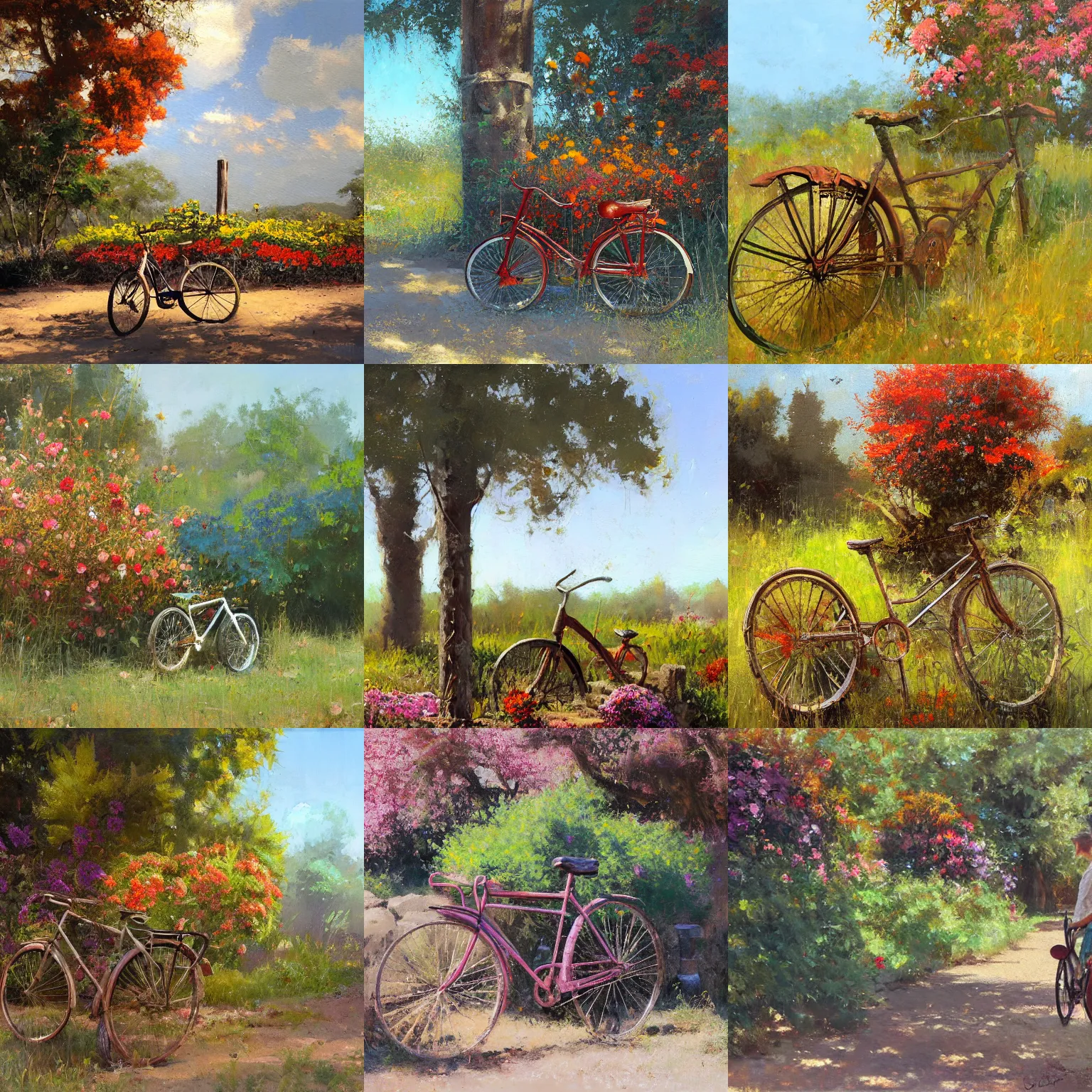 Prompt: a detailed oil painting of an old rusty bicycle leaning against a wood post, colorful flowers and trees in the background, by craig mullins