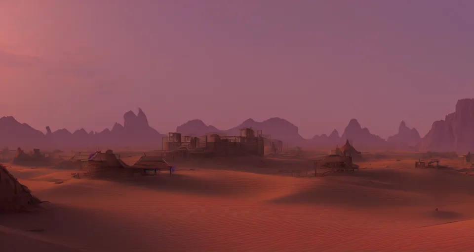 Image similar to a distant desert village, no mountains, artstation, cgsociety