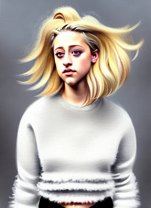 Image similar to full body portrait, teenage lili reinhart, blonde hair, obese, bangs, ponytail, sultry, realistic, sweater, fluffy bangs, fully clothed, curly bangs, fat, belly, intricate, elegant, highly detailed, digital painting, artstation, concept art, smooth, sharp focus, illustration, art by wlop, mars ravelo and greg rutkowski