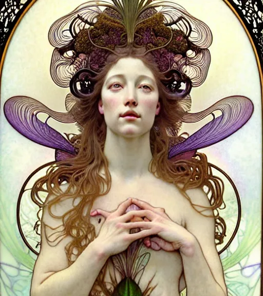 Image similar to beautiful orchid fairy detailed realistic porcelain face portrait by jean delville, alphonse mucha, iris van herpen and marco mazzoni, art forms of nature by ernst haeckel, art nouveau, symbolist, visionary, gothic, neo - gothic, pre - raphaelite, fractal lace, intricate alien botanical biodiversity, surreality, hyperdetailed ultrasharp octane render