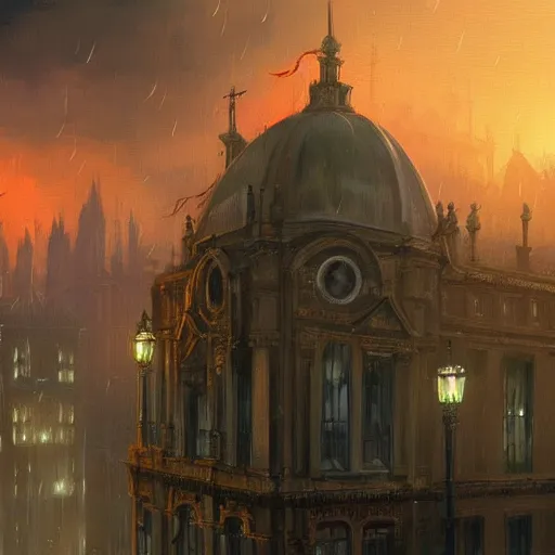 Image similar to a beautiful artwork painting of an alien mothership hovering above rainy victorian london at sunset, by andreas rocha, featured on artstation