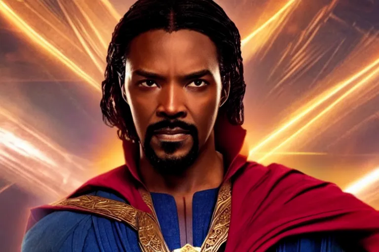 Image similar to film still of dark-skinned Jesus Christ as Doctor Strange in new Avengers film, 4k