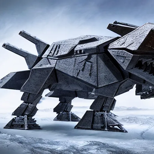 Image similar to a fusion between the tarrasque and an AT-AT, flat grey color, completely metal, walking across ice planet, hyper-realistic CG