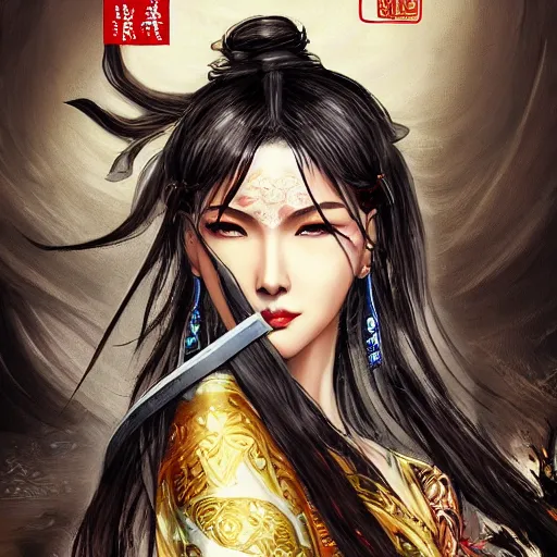 Prompt: An epic fantasy comic book style portrait painting of a gorgeous sword dance Chinese costume woman, long hair, smoke, full body XIANXIA, Chinese temple, depth of field by Yoji Shinkawa 4k