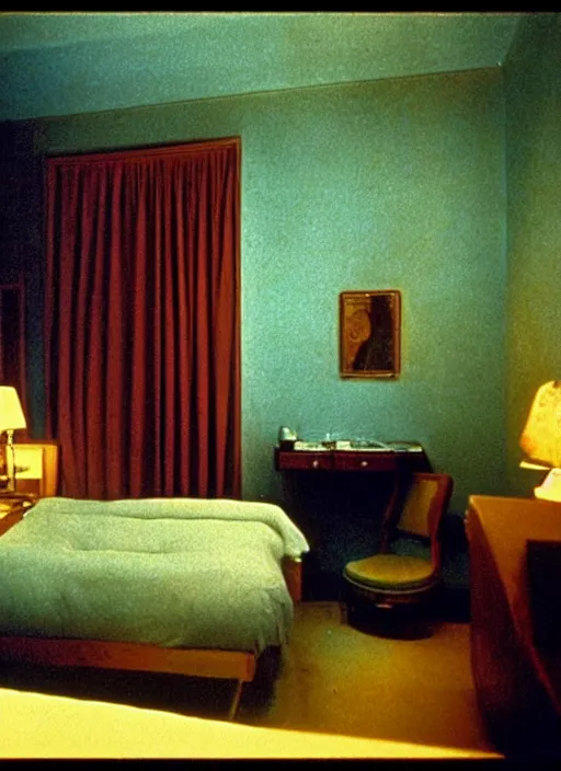 Prompt: dream scene from a underground 7 0's movie by chris cunningham, kenneth anger and luis bunuel : : interior view of a hotel room painted by edward hopper, an actress holding an surreal, absurd object in her hand : : shallow depth of field, smoke : : cinestill 8 0 0 tungsten 3 5 mm, high quality, novel color scheme, 8 k