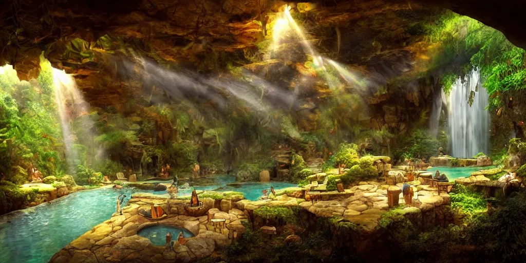 Image similar to detailed interior of cozy hotsprings hidden inside a cave, small waterfalls, lush vegetation, flowers, towels, plates of fruit, god rays, light shafts, stunning atmosphere, by gerald brom, cinematic lighting