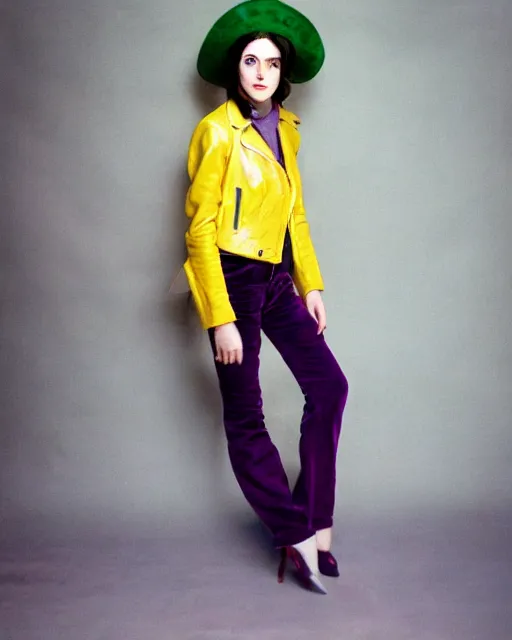 Prompt: photos of young winona ryder wearing a yellow leather jacket, green corduroy pants, a red silk blouse, and purple velvet top hat on her head, photoshoot in the style of annie leibovitz, photorealistic, soft focus, bokeh, 5 0 mm