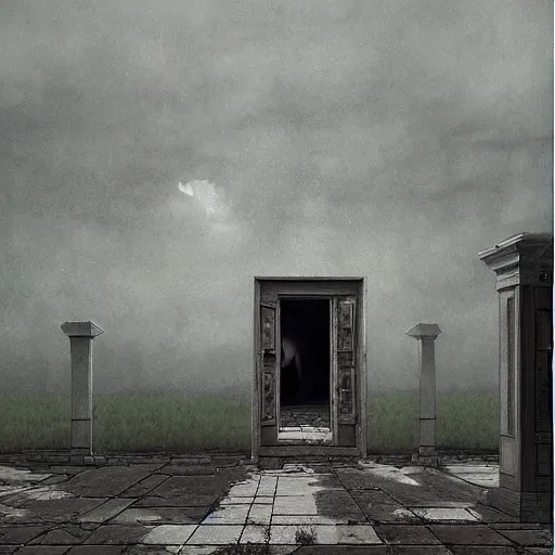 Prompt: hyperrealistic surrealism, david friedrich, award winning masterpiece with incredible details, zhang kechun, a surreal vaporwave painting of door leading to nowhere, mirrors everywhere, highly detailed