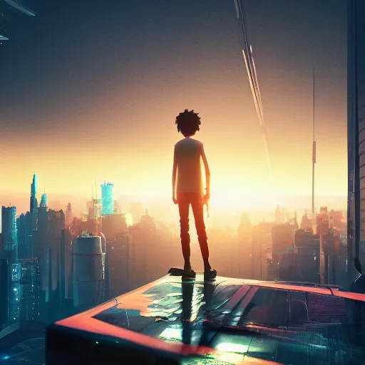 Prompt: alone person tempted by the desperate call of the void, futuristic cityscape, wide shot unreal 5 render, studio ghibli, vivid colors, beautiful sunset, digital art, octane render, beautiful composition, trending on artstation, award winning photograph, masterpiece