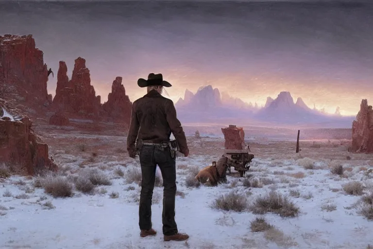 Image similar to an ultradetailed image of jense ackles as an old west gunfighter shooting at a charging wendigo, horrifying supernatural monsters, ultrawide lens, aerial photography, desert landscape with snowy mountains in the far background, masterpiece, 8 k, art by greg rutkowski and albert bierstadt