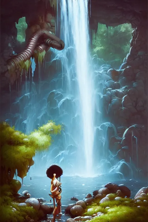 Image similar to water faucet person dnd character with a waterfall behind them by peter mohrbacher, basquiat