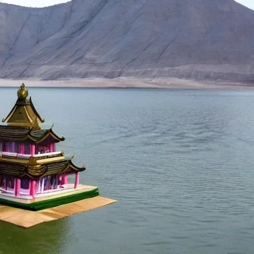 Prompt: floating temple in the middle of a large lake dedicated to the worship of sphynx cat