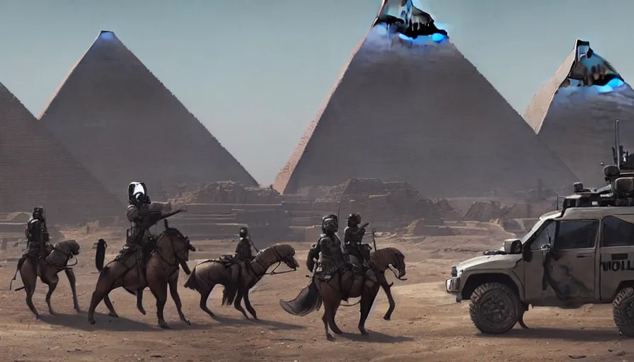 Image similar to a militarized police vehicle with mounted weapons riding through an orwellian egyptian town, futuristic pyramids in the background, troops searching the area, furious action scene, an epic fantasy, dramatic lighting, cinematic, establishing shot, extremely high detail, photorealistic, cinematic lighting, artstation, octane render, by simon stalenhag, horizon forbidden west