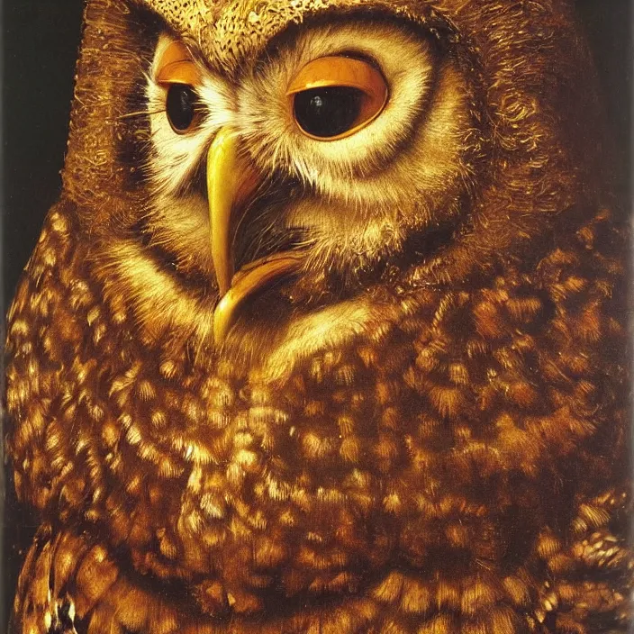 Prompt: close up portrait of the owl king. jan van eyck