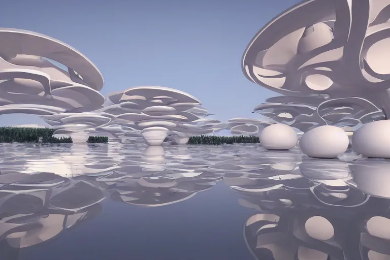 Prompt: 2 0 white round egg shaped buildings are combined to form a post - modern building, by pierre bernard, on the calm lake, people's perspective, future, interior wood, dusk, unreal engine highly rendered, global illumination, radial light, internal environment