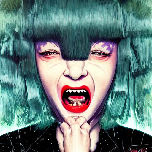 Image similar to portrait of crazy screaming beautiful singer sia kate isobelle furler, big ribbon, ymmetrical, by yoichi hatakenaka, masamune shirow, josan gonzales and dan mumford, ayami kojima, takato yamamoto, barclay shaw, karol bak, yukito kishiro