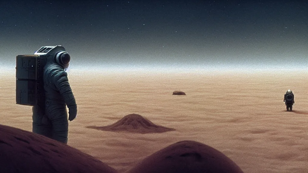 Image similar to a man exploring space, film still from the movie directed by denis villeneuve with art direction by zdzisław beksinski, wide lens