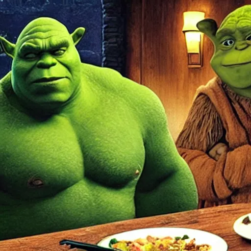 Image similar to shrek, hulk and yoda eat dinner together