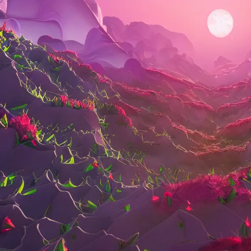 Image similar to an epic flowering alien landscape in the style of origami, 8 k, cinematic light, artstation