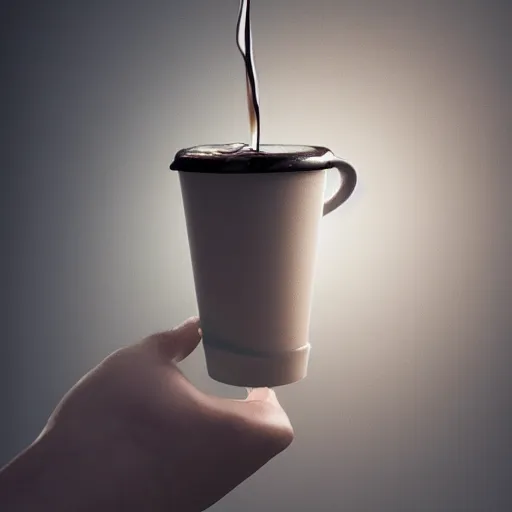 Image similar to : sloppy old cup of coffee with fluid flyingout the cup ,hyper detailed art station  parabolic lighting unrealengine ,cinematic, hyper realism, high detail, octane render, 8k