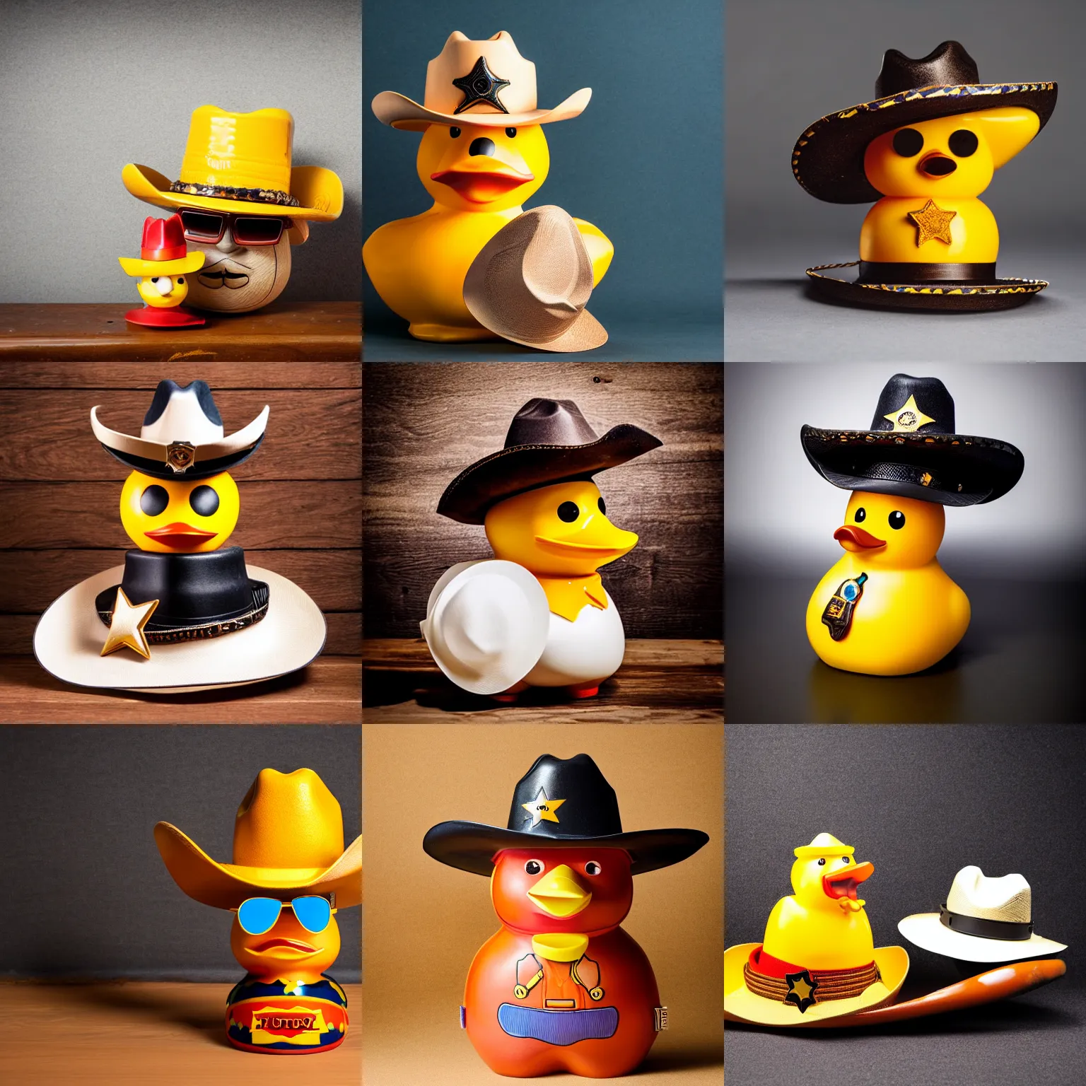 Prompt: a studio photography of a sheriff cowboy rubber duck with a cowboy hat and sunglasses