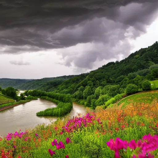 Prompt: dordogne typical landscape, hills in the background, summer, river, ultra detailed, ultra sharp, award winning. 8 k, flowers, trees, thunderstorm and rain, very dark clouds. heavy rain, octane render.