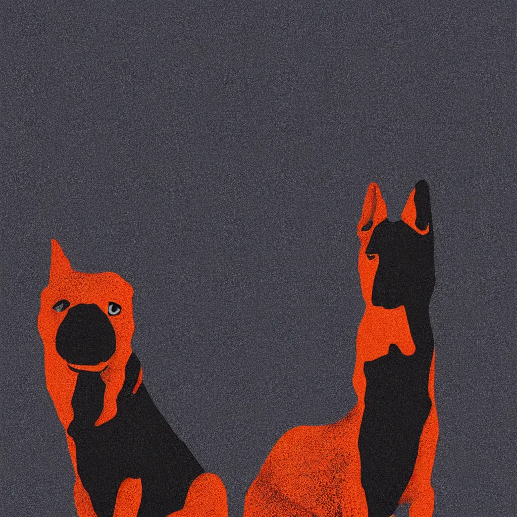 Prompt: surprised dog meme by, mads berg, karolis strautniekas, film noir, stippled light, dramatic lighting, editorial illustration, detailed, fine texture, matte print, art deco, brutalism, dark blue + dark orange, red, black, ( ( habitat 6 7 background ) )