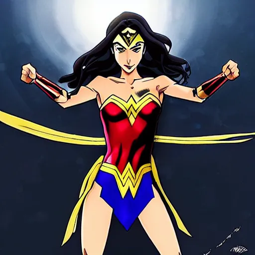 Image similar to Gal Gadot as Wonder Woman, Anime style, dramatic action shot