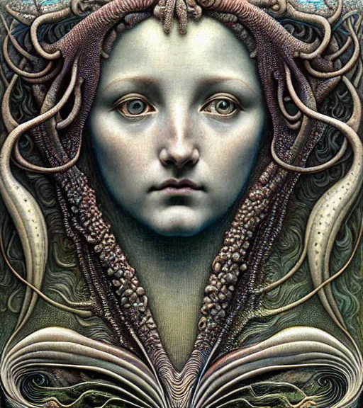 Image similar to detailed realistic beautiful tidepool goddess face portrait by jean delville, gustave dore, iris van herpen and marco mazzoni, art forms of nature by ernst haeckel, art nouveau, symbolist, visionary, gothic, neo - gothic, pre - raphaelite, fractal lace, intricate alien botanicals, ai biodiversity, surreality, hyperdetailed ultrasharp octane render