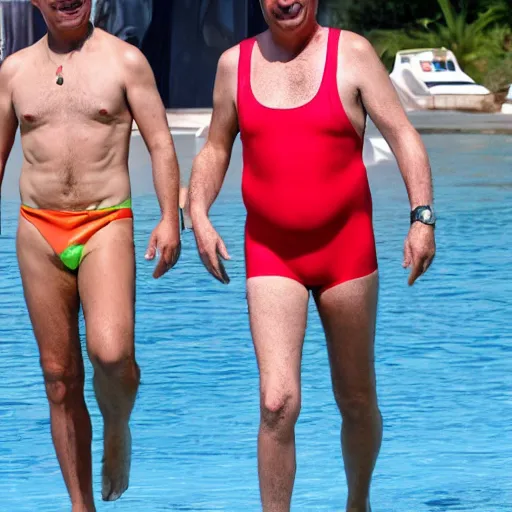 Image similar to François Hollande in a swimsuit of borat in the show Baywatch