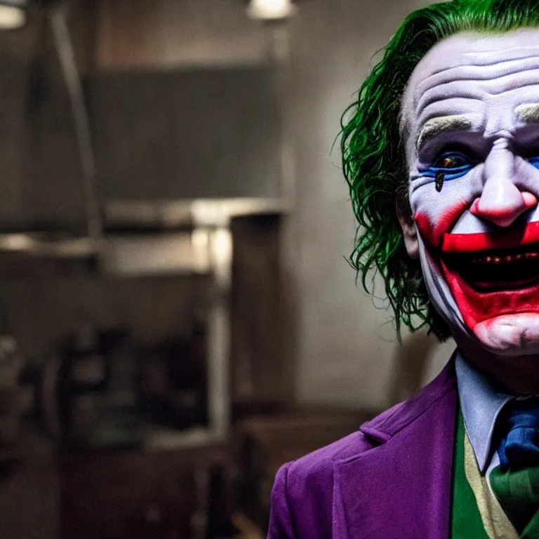 Prompt: robin williams as the joker, movie still, 8 k, hdr, atmospheric lighting