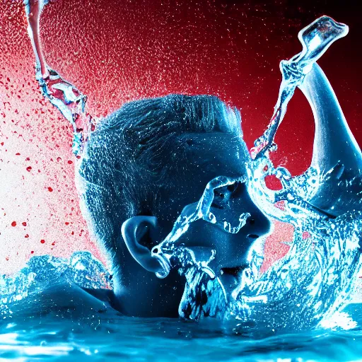 Prompt: spilling water creating a human head out of water, on the ocean water, ray tracing, realistic water sharp focus, long shot, 8 k resolution, cinematic, amazing water art