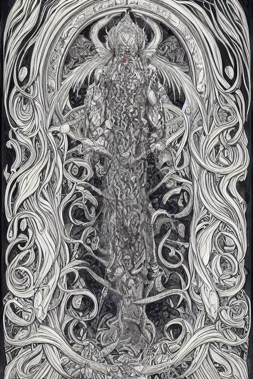 Prompt: a beautiful painting of tangaroa - whakamau - tai, wisdom, good and evil, white ink + magical + symmetrical + detailed intricate + heraldic design + atmosphere high details, in the style of jean delville, artstation, 8 k, 4 k, cinematic