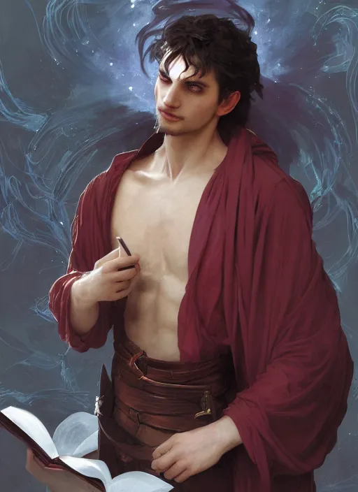 Prompt: character concept portrait of an attractive young focused Spanish wizard with pale red skin enchanting an arousal spell, a floating iridescent spell book in the center, intricate, elegant, digital painting, concept art, smooth, sharp focus, illustration, from Metal Gear, by Ruan Jia and Mandy Jurgens and William-Adolphe Bouguereau, Artgerm