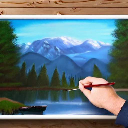 Image similar to a closeup photorealistic photograph of bob ross completing a canvas painting of kenny powers. mountains and trees. film still. brightly lit scene. this 4 k hd image is trending on artstation, featured on behance, well - rendered, extra crisp, features intricate detail, epic composition and the style of unreal engine.
