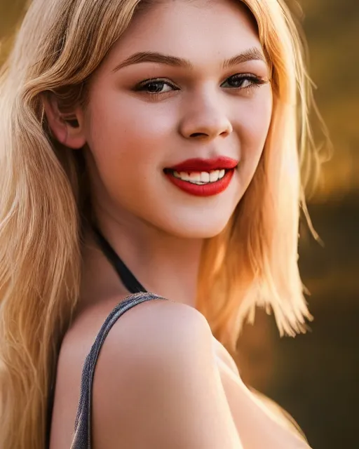 Image similar to Beautiful Head and shoulders portrait of smiling flirty Nicola Peltz with straight long blonde hair, wearing a camisole by alberto Vargas, arney freytag, artstation, 35mm, fashion photoshoot, posing on the beach, golden hour, bokeh, rim lighting, fashion pose, octane, 4k