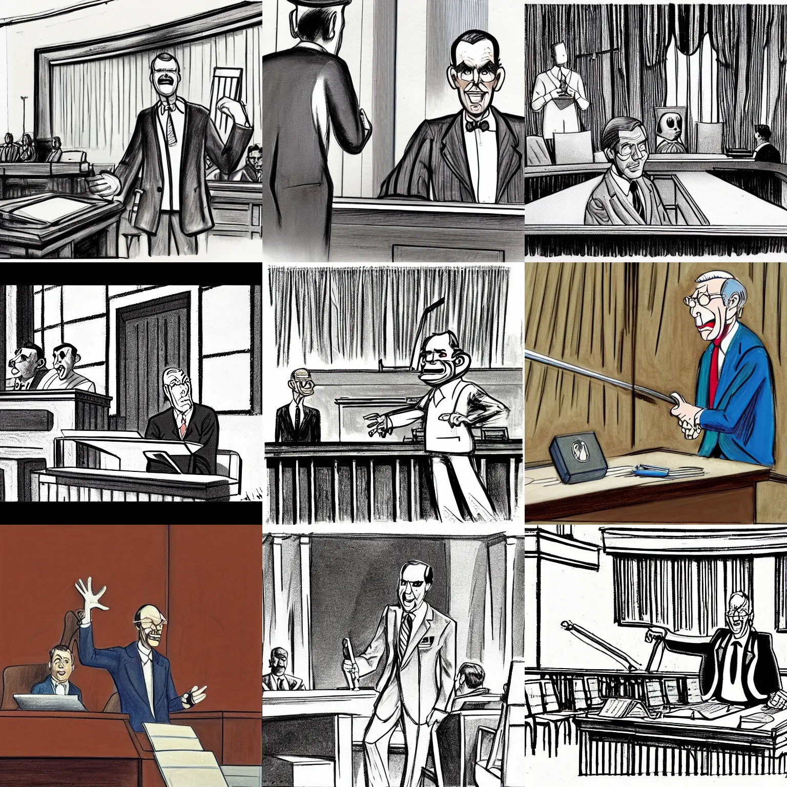 Prompt: courtroom sketch of slim whitman testifying against herbie the love bug, by wilbert awdry, by reginald payne, witness stand, jury, pointing, gavel, judge, drawing