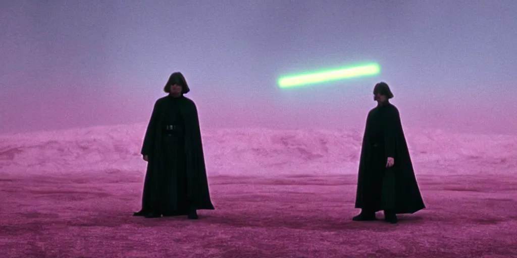 Image similar to screenshot of Luke Skywalker in dark jedi robe is lost on a surreal pink planet with black trees, minamilist 1970s sci fi film by Stanely Kubrick film, color kodak, Ektachrome, anamorphic lenses, detailed faces, hyper-realistic, photoreal, detailed portrait, moody award winning cinematography, beautiful lighting