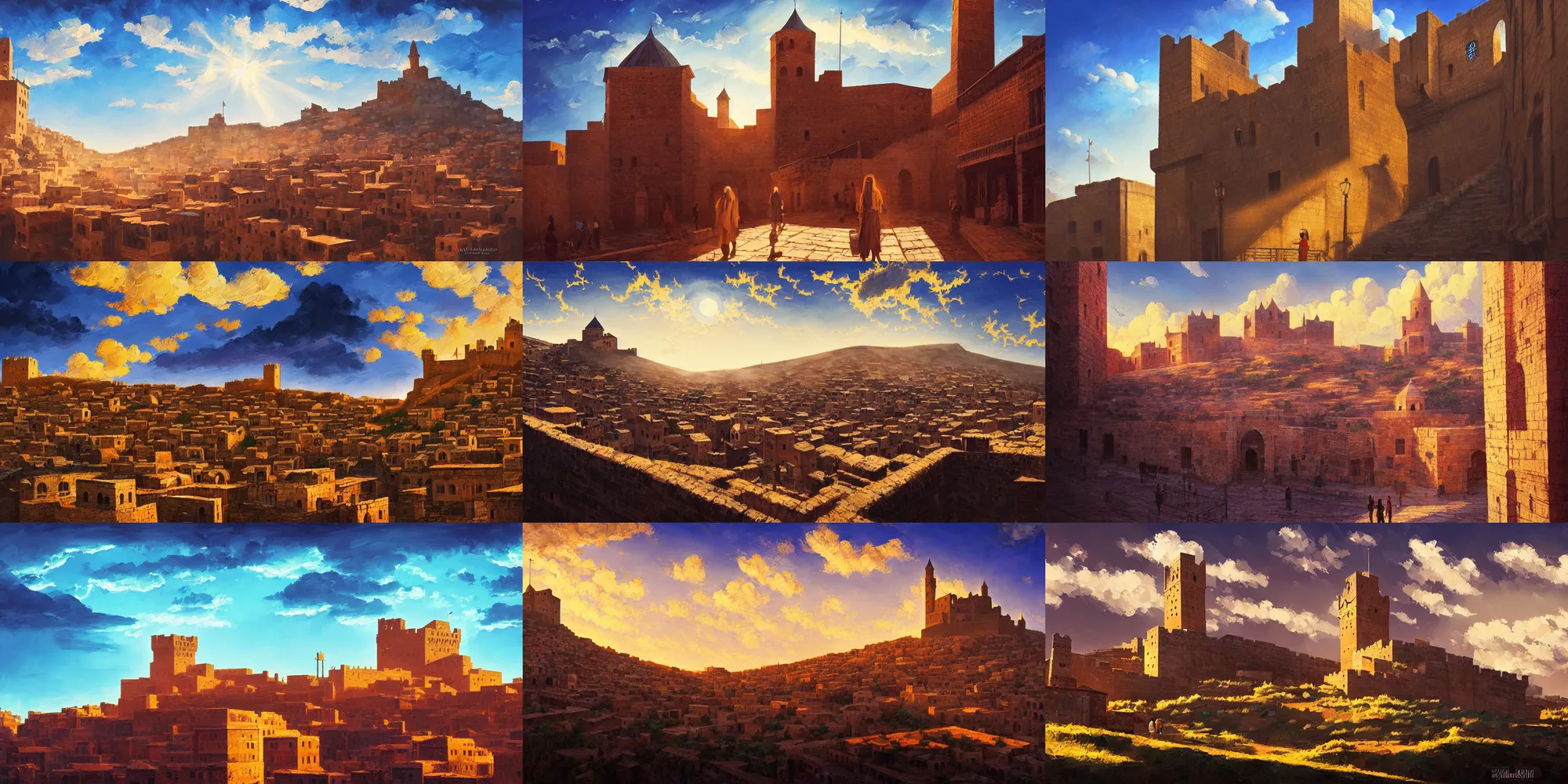 Prompt: mardin old town castle, digital oil painting, high contrast, clear sky, atmospheric, god rays, volumetric lighting, studio ghibli, noah bradley, alena aenami, greg rutkowski