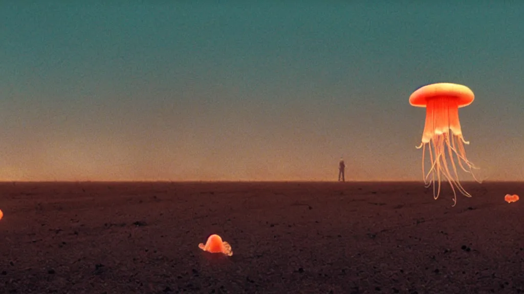 Image similar to Jellyfish floating in the sky at night above Route 66, film still from the movie directed by Denis Villeneuve with art direction by Zdzisław Beksiński, wide lens