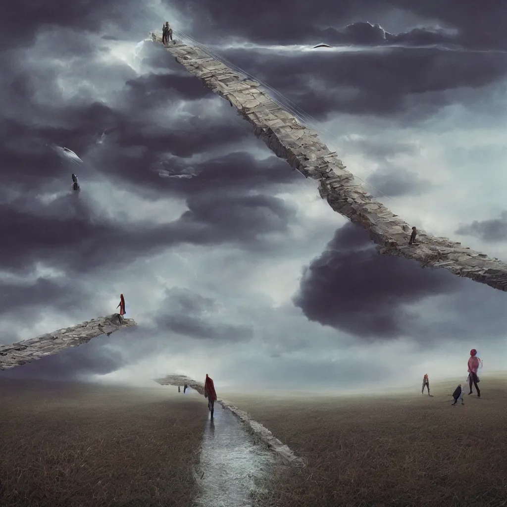 Prompt: hairline thin bridges in the sky, collage with photographs of beautiful android women weaving between the lines, dark timeline, folding waves, glitch, supercell clouds, octane render, very sharp, beksinski, quint buchholz, charlie bowater, pranckevicius