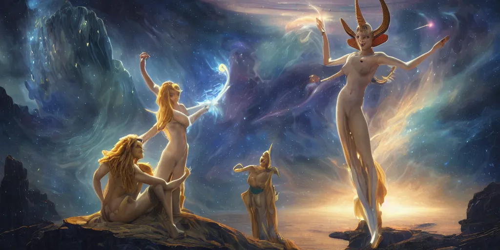 Prompt: oil painting, etheric majestic celestial castle, beautiful females, hybrid atlantean anubis elsa jean alien warrior, epic fantasy battle, birds eye view, stellar space, cosmic universe, nebula, digital art, airbrush, regal, refined, atmosphere, michael whelan, william - adolphe bouguereau, unreal engine, 8 k hd